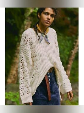Anthropologie Cream Open-Knit Scoop Neck Sweater